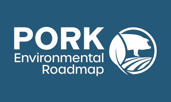 Blue graphic with text that states: Pork Environmental Roadmap.